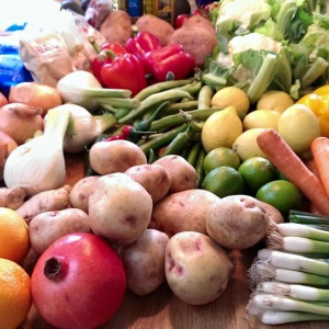Some of the delicious vegetables and fruit that were used in the vegan cookery demonstration.  Photo: Vajrashura