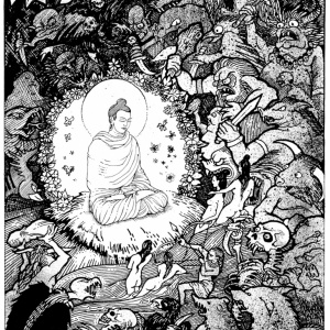 Original black & white drawing Aloka (for ”The Guide to the Buddhist Path”) which he has kindly made available for use in publicity for the International Practice Week 2018.