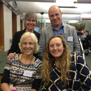 At the Launch of Mindful Nation UK. From left, back row: Jane Hubbard and Vishvapani; front row, from left: Vidyamala and Amaladipa  